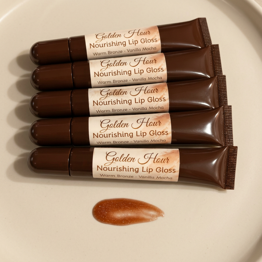 Golden Hour lip gloss styled with a warm cream background